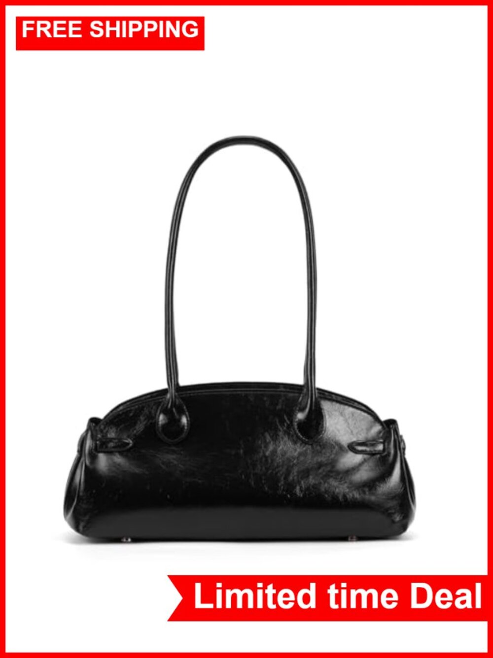 Vintage Shoulder Bag - Glossy Faux Leather Top Handle Handbag, Retro Minimalist